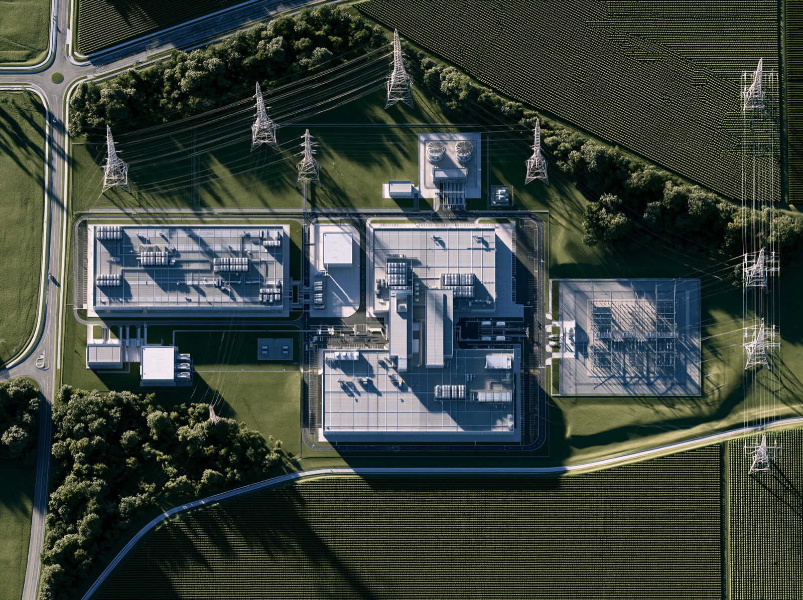 Vista ortográfica de datacenter e infraestrutura energética — evidência espacial de ativo físico